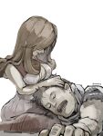  1boy 1girl adelbert_steiner bare_arms bare_shoulders beatrix_(ff9) breasts brown_hair cleavage closed_eyes curly_hair final_fantasy final_fantasy_ix grey_vest hair_over_one_eye hand_in_another&#039;s_hair hand_on_another&#039;s_head highres lap_pillow large_breasts light_smile long_hair open_mouth plunging_neckline short_hair sleeping swept_bangs twitter_username upper_body uzutanco vest white_background 