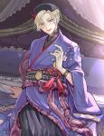  1boy bed bishounen blonde_hair dan_(toupe) fishnets gloves hat japanese_clothes kimono lace lips long_sleeves looking_at_viewer makeup male_focus obi on_bed pillow purple_eyes purple_kimono purple_nails sash sitting smile solo twisted_wonderland veil vil_schoenheit 