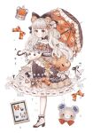  1girl animal_ears bow brown_eyes bug butterfly crown dress fake_animal_ears full_body hair_bow high_heels holding holding_umbrella lolita_fashion long_hair meowlian original stuffed_animal stuffed_toy teddy_bear umbrella wavy_hair white_hair 