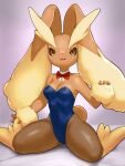  1girl :3 animal_ears animal_nose awkwa bare_shoulders black_pantyhose black_sclera blue_leotard body_fur bow bowtie breasts brown_fur cleavage clothed_pokemon colored_sclera commentary_request covered_navel detached_collar furry furry_female hand_up happy highleg highleg_leotard highres leotard looking_at_viewer lopunny open_mouth orange_eyes pantyhose pointy_ears pokemon pokemon_(creature) purple_background rabbit_ears rabbit_girl rabbit_tail red_bow red_bowtie see-through see-through_legwear sitting small_breasts smile solo strapless strapless_leotard tail thighs traditional_bowtie two-tone_fur unmoving_pattern wariza yellow_fur 