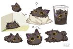  ? animal_focus black_cat blanket bug cat cup fly in_container in_cup jumping kashagiri&#039;s_cat_(touken_ranbu) looking_at_viewer looking_up lying multiple_views no_humans on_side saino_misaki scared simple_background sitting_in_corner tatami touken_ranbu trembling white_background yellow_eyes 