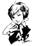  female_protagonist_(persona_3) greyscale hair_ornament hairpin headphones monochrome official_art one_eye_closed persona persona_3 persona_3_portable ribbon school_uniform signature smile soejima_shigenori 