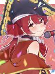  1girl ascot bare_shoulders bicorne black_headwear blurry blurry_foreground blush bow closed_mouth coat commentary_request confetti curled_fingers eyelashes finger_to_own_chin from_side hair_between_eyes hair_bow hand_up hat heart heterochromia highres hololive houshou_marine houshou_marine_(1st_costume) lace-trimmed_bow lace_trim looking_at_viewer looking_to_the_side microphone nibochoro off_shoulder pirate_hat red_ascot red_background red_bow red_coat red_eyes red_hair red_shirt shirt signature sleeveless sleeveless_shirt smile solo tile_background twintails virtual_youtuber yellow_eyes 