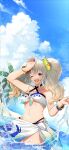  1girl beach blonde_hair blue_eyes breasts cloud happy highres line:_monster_farm long_hair medium_breasts monster_farm official_art one_eye_closed piishi sky solo swimsuit twintails water 
