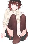  :d ankle_grab arm_support blush breasts brown_hair character_name cleavage cleavage_cutout highres looking_at_viewer medium_breasts ndgd open_mouth ruby_rose rwby short_hair silver_eyes sketch skirt smile solo thighhighs thighs torn_clothes torn_legwear upskirt white_background 