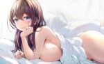  1girl ass bed_sheet blanket blue_eyes blush breasts brown_hair closed_mouth completely_nude food food_on_face highres large_breasts long_hair looking_at_viewer lying nude on_bed on_stomach oomune_tayuyu pillow smile solo tama_project v-mag 