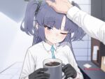  1boy 1girl aqua_necktie bandaid bandaid_on_hand blue_archive blue_eyes blue_hair closed_mouth coffee coffee_mug collared_shirt cup halo headpat highres holding holding_cup indoors light_blush long_hair mechanical_halo mochirong mug necktie office_lady one_eye_closed pov pov_hands shirt smile twintails white_shirt yuuka_(blue_archive) 