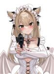  1girl 3: absurdres aiming aiming_at_viewer animal_ear_fluff animal_ears blush breasts brown_eyes brown_hair center_opening chest_tattoo closed_mouth collarbone commission cross-laced_clothes crying crying_with_eyes_open cum demon_girl demon_horns demon_tail demon_wings detached_collar elbow_gloves facial fingerless_gloves gaai gloves gun highres holding holding_gun holding_weapon horns large_breasts leotard long_hair maid_headdress navel no_pupils original tail tattoo tears upper_body very_long_hair weapon white_gloves white_leotard white_wings wings 