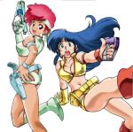  2girls armlet boots bracelet breasts cleavage dark-skinned_female dark_skin dirty_pair earrings energy_gun feet_out_of_frame floating_hair gloves gun hand_on_own_hip headband holster jewelry kei_(dirty_pair) long_hair looking_at_viewer midriff multiple_girls navel non-web_source official_art open_mouth outstretched_arm photoshop_(medium) ray_gun red_eyes red_hair short_hair simple_background single_glove teeth upper_teeth_only weapon white_background yellow_gloves yuri_(dirty_pair) 