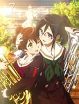  bangs black_hair blue_eyes blurry bow brown_eyes brown_hair brown_serafuku building collarbone cover cowboy_shot depth_of_field downscaled dvd_cover evening glasses green_bow green_neckwear green_ribbon hair_between_eyes hand_on_another's_head hibike!_euphonium highres holding holding_instrument ikeda_shouko instrument kyoto_animation lens_flare long_hair long_sleeves looking_at_another looking_away md5_mismatch multiple_girls neck_ribbon neckerchief official_art one_eye_closed open_mouth oumae_kumiko outdoors pleated_skirt ponytail red-framed_eyewear red_neckwear resized ribbon sailor_collar school_uniform semi-rimless_eyewear serafuku short_hair skirt smile stairs standing sunlight tanaka_asuka tied_hair tree white_sailor_collar yellow_eyes 