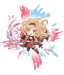  1girl :d black_hairband blonde_hair blue_eyes boots breasts chibi cleavage cleavage_cutout clothing_cutout granblue_fantasy hair_intakes hairband highres holding holding_polearm holding_weapon long_hair polearm shimatani_azu smile weapon weapon_behind_back zeta_(granblue_fantasy) zeta_(grand)_(granblue_fantasy) 