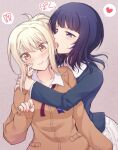  !? 2girls asaka_karin biting blonde_hair blue_eyes blue_hair blue_jacket blunt_bangs blush cardigan closed_mouth collarbone collared_shirt diverdiva ear_biting grey_background hand_on_another&#039;s_shoulder heart hug hug_from_behind jacket kuroda_roku_(345) long_sleeves love_live! love_live!_nijigasaki_high_school_idol_club medium_hair miyashita_ai multiple_girls nijigasaki_academy_school_uniform orange_cardigan orange_eyes ponytail school_uniform shirt sleeves_past_wrists speech_bubble spoken_heart spoken_interrobang translation_request upper_body v-shaped_eyebrows white_shirt winter_uniform yuri 