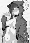  1girl absurdres animal_hood blue_archive blush breasts cat_hood choker classroom closed_mouth collarbone greyscale groin halo highres hood indoors jacket kamitsune28rita kazusa_(blue_archive) long_sleeves looking_at_viewer medium_breasts monochrome nipples open_clothes open_jacket out-of-frame_censoring short_hair sidelocks solo stomach 