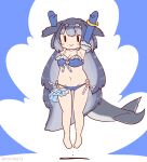  1girl arms_up bikini blue_background blue_bikini bracelet choker coroha elbow_gloves fins frills full_body gloves grey_hair hair_ornament head_fins jewelry jumping kemono_friends long_hair looking_at_viewer navel simple_background solo steller&#039;s_sea_cow_(kemono_friends) swimsuit tail 