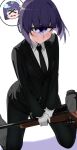  1girl absurdres arutimettomugi black_hair blunt_bangs blush bolt_action cyclops formal gun highres holding holding_gun holding_weapon kneeling looking_at_viewer manako monster_musume_no_iru_nichijou necktie one-eyed purple_eyes rifle scope short_hair smile solo suit tearing_up weapon 