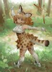  1girl animal_ears bare_shoulders blonde_hair blush boots bow bowtie brown_eyes cat_ears cat_girl cat_tail center_frills elbow_gloves extra_ears foliage frills gloves grass hair_between_eyes high-waist_skirt kemono_friends looking_at_viewer nyororiso_(muyaa) print_bow print_bowtie print_gloves print_skirt print_thighhighs serval_(kemono_friends) serval_print shirt short_hair sidelocks skirt sleeveless smile solo tail thighhighs tree white_footwear white_shirt zettai_ryouiki 