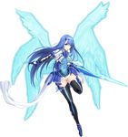  blue_eyes blue_hair boots choukou_shinki_ixseal covered_navel ellis_xillia energy_blade full_body hairband holding holding_weapon long_hair multiple_wings onigirikun smile solo thigh_boots thighhighs transparent_background weapon wings 