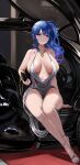  1girl absurdres azur_lane bare_shoulders blue_hair blue_nails breasts car chunchilin dress earrings evening_gown full_body hair_ornament high_side_ponytail highres jewelry large_breasts motor_vehicle necklace parted_lips plunging_neckline purple_eyes sitting solo sports_car st._louis_(azur_lane) st._louis_(luxurious_wheels)_(azur_lane) thighs wavy_hair women&#039;s_wallet 
