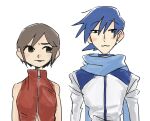  &lt;o&gt;_&lt;o&gt; 1boy 1girl :3 arms_at_sides black_eyes blue_hair blue_scarf blush brown_eyes brown_hair closed_mouth coat furrowed_brow highres jacket kaito_(vocaloid) long_sleeves looking_at_another looking_at_viewer looking_to_the_side meiko_(vocaloid) nata_shelf no_sclera parted_lips raised_eyebrows red_jacket scarf short_hair side-by-side simple_background sleeveless sleeveless_jacket smile straight-on upper_body vocaloid white_background white_coat 