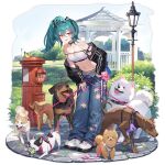  1girl animal_ear_hairband animal_ears aqua_hair ball bare_shoulders belt black_choker black_jacket blush breasts brown_dog bug bush butterfly chain choker cleavage closed_eyes clothes_writing collarbone crossed_bangs day denim dinergate_(girls&#039;_frontline) dog dog_ears dog_request fake_animal_ears flower foliage forced_smile full_body gazebo girls&#039;_frontline grass hair_between_eyes hair_ornament hairband hairclip hand_in_pocket hand_on_own_thigh heart highres holding holding_leash jacket jeans lamppost leaning_forward leash long_hair looking_at_viewer m327_(cutie_trainer)_(girls&#039;_frontline) m327_(girls&#039;_frontline) medium_breasts multiple_dogs navel non-humanoid_robot o-ring_arm_strap off_shoulder official_alternate_costume official_art open_clothes open_fly open_jacket open_mouth outdoors panties pants park path peeing ponytail postbox_(outgoing_mail) purple_belt red_eyes robot sangvis_ferri shoes sneakers solo standing stone_floor strapless striped_clothes striped_jacket stuffed_animal stuffed_toy sweat teddy_bear teddy_bear_ornament tennis_ball third-party_source tongue tongue_out too_many too_many_dogs torn_clothes torn_jeans torn_pants transparent_background tree tube_top underwear vertical-striped_clothes vertical-striped_jacket white_dog white_flower white_footwear white_panties white_tube_top whoisshe yellow_butterfly 
