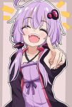  1girl blush closed_eyes criss-cross_halter dress hair_ornament halter_dress halterneck hood hood_down hoodie laughing long_hair nation1213 open_mouth pointing pointing_at_viewer purple_hair short_hair_with_long_locks smile solo vocaloid voiceroid yuzuki_yukari 