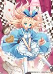  akkijin alice_(shinkai_no_valkyrie) blonde_hair blue_dress blue_eyes blue_ribbon board_game card chess chessboard clock cloud club_(shape) cup diamond_(shape) dress falling hair_ribbon heart official_art open_mouth pink_sky ribbon shinkai_no_valkyrie solo spade_(shape) teacup 