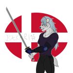 absurd_res alpha_channel anthro bangs big_chief_bakari_(artist) black_lips black_nose blue_eyes blue_hair braided_hair braided_ponytail clothed clothing colored_nails cybernetic_arm cybernetic_limb cybernetics cyborg danish_flag fangs felid fighting_pose fur grey_body grey_fur hair hi_res jewelry katana lips long_hair machine male mammal melee_weapon nails necklace ponytail pose saber-toothed_tiger sabertooth_(anatomy) shirt short_tail simple_background solo steingrimr_(character) sword t-shirt tail teeth topwear transparent_background weapon
