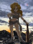  1girl ayla_(chrono_trigger) bare_shoulders blonde_hair blue_eyes boots breasts cavewoman chrono_trigger cleavage closed_mouth cloud cloudy_sky crop_top curly_hair full_body fur_boots fur_cuffs fur_scarf fur_shirt fur_skirt grey_footwear grey_scarf grey_shirt grey_skirt hand_on_own_hip highres holding_club long_hair looking_at_viewer medium_breasts microskirt midriff mountain navel outdoors scarf shirt skirt sky smile solo strapless sunset tube_top uzutanco 