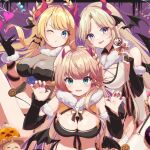  3girls :p aisu_(i_ce_pinon_pino) alternate_costume aqua_eyes azur_lane bird black_garter_straps black_gloves blonde_hair blue_eyes blue_nails blush braid breasts brest_(azur_lane) candy chick claw_pose cleavage commission demon_horns demon_wings fake_horns food garter_straps gloves gradient_hair halloween halloween_costume hands_up heart highres horns howe_(azur_lane) large_breasts long_hair looking_at_viewer manjuu_(azur_lane) multicolored_hair multiple_girls navel open_mouth parted_bangs pointy_ears red_hair red_horns red_nails skeb_commission stomach thighhighs tongue tongue_out victorious_(azur_lane) white_thighhighs wings 