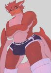 abs absurd_res anthro back_muscles belly biceps blue_eyes blush bottomwear brown_body bulge clothing crossed_arms fish hair heterochromia hi_res male marine muscular_thighs orange_body pecs prehistorics red_eyes red_hair scar shark shark_fin shark_tail shirt shorts smile smirk solo tight_bottomwear tight_clothing topwear underwear white_body