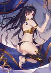  absurdres anklet ass asymmetrical_clothes bare_shoulders barefoot black_hair crown earrings fate/grand_order fate_(series) feet highres hoop_earrings ishtar_(fate/grand_order) jewelry langya_beike long_hair long_legs looking_at_viewer looking_back red_eyes ribbon shiny shiny_skin single_thighhigh smile soles solo thighhighs thong toe_scrunch toeless_legwear toenails twintails 