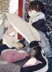  1girl bare_legs bare_legs_girl_(kamizaki_hibana) black_cat black_hair black_jacket cat chain-link_fence commentary_request fence from_below grey_scarf grey_skirt hand_on_own_ankle jacket kamizaki_hibana looking_at_viewer miniskirt nike on_ground original outdoors pink_eyes pink_scrunchie pleated_skirt scarf scrunchie shoes short_hair sitting skirt sneakers solo tearing_up tears twintails vending_machine 