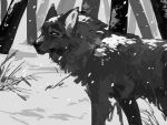 4:3 ambiguous_gender canid canine canis corzh77 feral grass hi_res mammal monochrome mouth_closed outside plant side_view snow snowing solo tree wolf