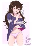  1girl artist_logo ashigara_(kancolle) brown_eyes brown_hair clothes_lift commentary_request cowboy_shot dated highres holding holding_toothbrush kantai_collection ld_(luna_dial398) lifted_by_self long_hair messy_hair panties purple_shirt shirt shirt_lift simple_background solo toothbrush toothbrush_in_mouth two-tone_shirt underwear white_background white_panties 