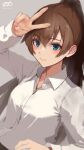  1girl artist_logo blue_eyes brown_hair collared_shirt dress_shirt grey_background haruto_(harut_n) kantai_collection kumano_(kancolle) long_hair one-hour_drawing_challenge ponytail shirt simple_background solo upper_body v_over_head white_shirt 