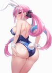 1girl ass bare_shoulders blue_hair blue_leotard blush breasts hand_on_own_ass hololive large_breasts leotard light_blue_hair long_hair looking_to_the_side minato_aqua multicolored_hair nikoo pink_eyes pink_hair playboy_bunny rabbit_tail simple_background solo tail thighs two-tone_hair virtual_youtuber white_background 