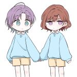  2girls ahoge asakura_toru blue_shirt brown_hair buttons chibi closed_mouth frown green_eyes hair_ornament higuchi_madoka hiroya_masaharu holding_hands idolmaster idolmaster_shiny_colors long_sleeves looking_at_viewer matching_outfits mole mole_under_eye multiple_girls no_pupils purple_eyes purple_hair shirt short_hair shorts simple_background sleeves_past_wrists smile standing white_background wide_sleeves x_hair_ornament yellow_shorts 