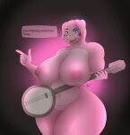 anthro banjo_(instrument) big_breasts big_butt breasts butt dialogue domestic_pig female five_nights_at_freddy&#039;s freddy_fazbear&#039;s_pizzeria_simulator heterochromia hi_res holding_guitar looking_at_viewer mammal musical_instrument photolol.03 pigpatch_(fnaf) plucked_string_instrument scottgames simple_background solo string_instrument suid suina sus_(pig) text thick_thighs ultimate_custom_night wide_hips