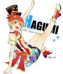  1girl :d back_bow bang_dream! black_hat boots bow bowtie breasts brown_eyes character_name cleavage eyebrows_visible_through_hair group_name hair_between_eyes hat hat_bow headwear_writing high_heel_boots high_heels kitazawa_hagumi leg_up looking_at_viewer open_mouth orange_hair polka_dot_neckwear pom_pom_(clothes) print_hat raised_fist red_bow red_neckwear see-through shi_noyuki short_hair shorts shorts_under_skirt sitting small_breasts smile smiley_face solo top_hat twitter_username upper_teeth white_background 