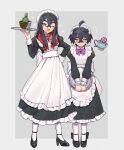 1boy 1girl alternate_costume apron black_dress black_footwear black_hair blush bow brother_and_sister carmine_(pokemon) crossdressing crossed_bangs dress enmaided flying_sweatdrops frilled_apron frills full_body hair_between_eyes hand_on_own_hip high_heels highres holding holding_tray kieran_(pokemon) long_hair long_sleeves looking_at_viewer maid maid_apron maid_headdress mole mole_on_neck mole_under_eye morisuguri open_mouth otoko_no_ko pantyhose pokemon pokemon_(creature) pokemon_sv purple_hair red_hair shoes siblings simple_background sinistcha sinistea sparkle standing sweat tray white_apron white_pantyhose yellow_eyes 