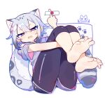  1girl angry angry_face_emoji animal_ear_fluff animal_ears artist_logo ass barefoot black_leggings blue_eyes cat_ears cat_tail commentary fang grey_hair hair_between_eyes highres hugging_own_legs knees_to_chest leggings leggings_under_shorts looking_at_viewer middle_finger narrowed_eyes original paw_print sidelocks soles solo spoken_emoji symbol-only_commentary tail toes uenomigi v-shaped_eyebrows 