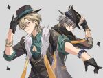  2boys aqua_shirt aventurine_(honkai:_star_rail) black_gloves black_headwear blonde_hair bracelet caelus_(honkai:_star_rail) closed_mouth clothing_cutout collared_shirt earrings fur_trim gloves grey_background grey_hair hair_between_eyes hat heart_cutout highres honkai:_star_rail honkai_(series) jewelry light_smile literally1me looking_at_another looking_at_viewer male_focus multiple_boys pectoral_cleavage pectorals purple_eyes shirt short_hair trailblazer_(honkai:_star_rail) yellow_eyes 