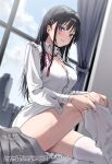  1girl black_hair blue_eyes blush breasts button_gap chigusa_minori cleavage collared_shirt commentary_request cover cover_image curtains dress_shirt dressing eroge_no_heroine_wo_netoru_otoko_ni_tensei_shitaga_ore_wa_zettai_ni_netoranai hair_behind_ear hair_ornament hair_ribbon hairclip highres indoors large_breasts long_hair long_sleeves looking_at_viewer naked_shirt novel_illustration official_art otonashi_ayana_(eroge_no_heroine_wo_netoru_otoko_ni_tensei_shitaga_ore_wa_zettai_ni_netoranai) parted_lips pink_ribbon ribbon shirt sidelocks sitting skindentation skirt solo thighhighs thighs translation_request unworn_skirt white_shirt white_thighhighs window 