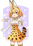  animal_ears blonde_hair bow bowtie elbow_gloves gloves high-waist_skirt highres kemono_friends looking_at_viewer serval_(kemono_friends) serval_ears serval_print serval_tail shina_shina short_hair skirt standing striped_tail tail thighhighs yellow_eyes 