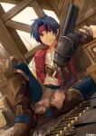  1boy absurdres belt blue_hair boots brown_eyes brown_gloves chamu_(chammkue) closed_mouth denim full_body gloves headband highres jeans looking_at_viewer male_focus pants red_vest rody_roughnight solo vest weapon wild_arms wild_arms_1 