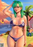  2girls 3boys bikini blood bulma carlos_vasseur chi-chi_(dragon_ball) dragon_ball dragon_ball_(classic) flying_nimbus green_hair highres kame_house multiple_boys multiple_girls muten_roushi nosebleed palm_tree son_goku swimsuit tree umigame_(dragon_ball) 