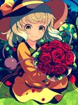  black_hat bouquet bow dise eyeball eyebrows_visible_through_hair flower green_eyes green_hair green_skirt hat holding holding_bouquet komeiji_koishi long_sleeves petals red_flower red_rose rose rose_petals shirt short_hair skirt smile solo third_eye touhou yellow_bow yellow_shirt 