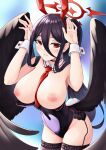  1girl animal_ears bare_shoulders black_hair black_wings blue_archive blurry blurry_background blush breasts breasts_out detached_collar fake_animal_ears fake_tail garter_belt hair_between_eyes halo hands_up hasumi_(blue_archive) highres large_breasts leotard long_hair looking_at_viewer mole mole_under_eye nail_polish necktie nipples pankeiki parted_lips playboy_bunny rabbit_ears rabbit_tail red_eyes red_nails red_necktie solo tail thighhighs wing_collar wings wrist_cuffs 