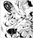  1girl arikanrobo bow breasts diabellze_of_the_original_sin duel_monster falling_feathers greyscale grin hat hat_bow highres large_breasts long_hair monochrome multicolored_hair signature smile solo streaked_hair witch_hat yu-gi-oh! 