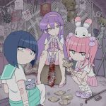  3girls :o animal animal_on_head animal_on_lap ball_and_chain_(weapon) bandaged_arm bandaged_wrist bandages bandaid bandaid_on_knee bandaid_on_leg black_eyes blue_hair blunt_bangs bow box brass_knuckles cat chain-link_fence closed_mouth club_(weapon) crocs crowbar crystal delinquent doll expressionless ezaki_bisuko fence gauze_on_arm gauze_on_knee graffiti green_sailor_collar green_skirt hair_between_eyes hair_bow hairband heart hexagram high_heels highres holding_club injury jewelry lead_pipe long_hair looking_at_viewer menhera-chan_(ezaki_bisuko) menhera-chan_(ezaki_bisuko)_(character) money multiple_girls necklace on_head on_lap paper pink_bow pink_footwear pink_hair pink_hairband pink_sailor_collar pink_skirt poster_(medium) purple_bow purple_footwear purple_sailor_collar purple_skirt rabbit sabukaru-chan_(ezaki_bisuko) sailor_collar school_uniform serafuku shaded_face short_twintails sidelocks sitting skirt slav_squatting smiley_face spiked_ball_and_chain spiked_club spread_legs squatting star_of_david stuffed_animal stuffed_toy teddy_bear twintails usatan_(ezaki_bisuko) weapon white_leg_warmers white_serafuku yumekawa-chan_(ezaki_bisuko) 